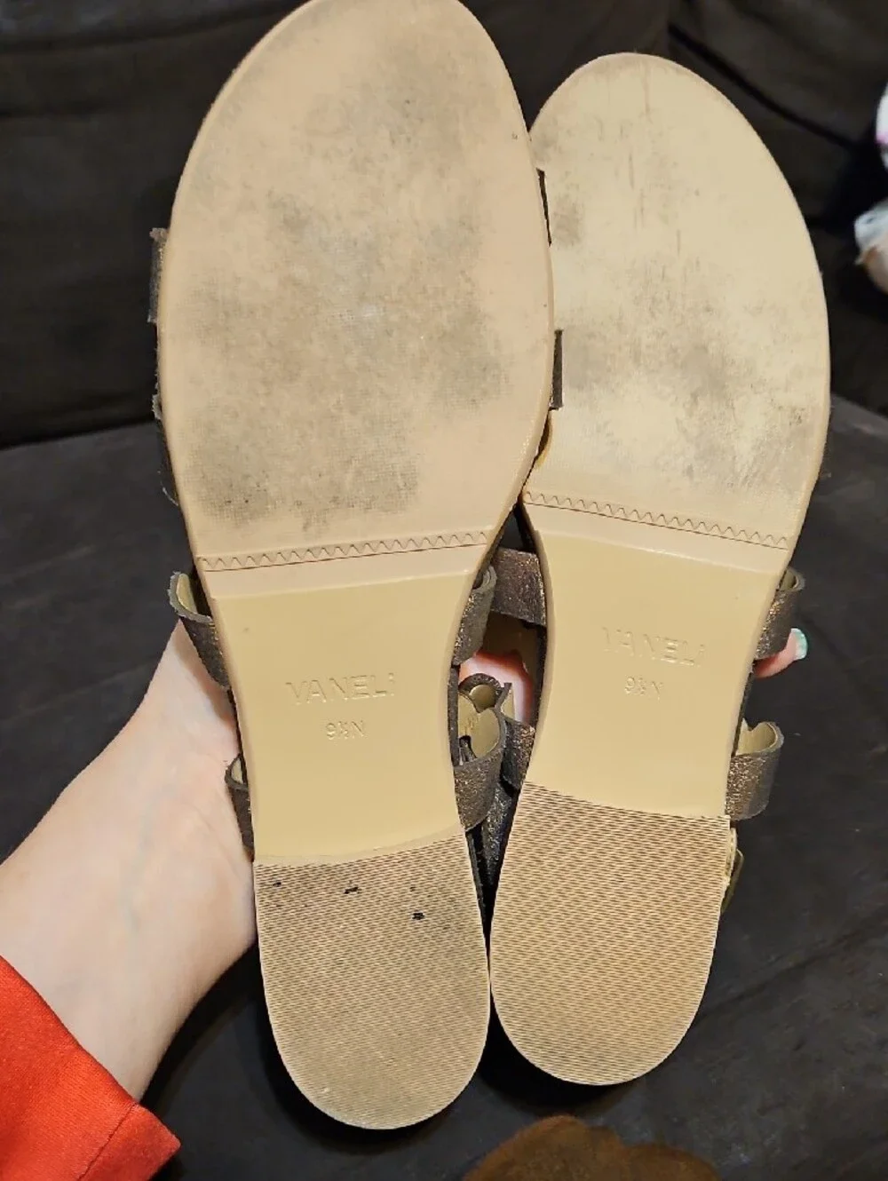 Vaneli Silver Circle-Link Faux Leather Sandals